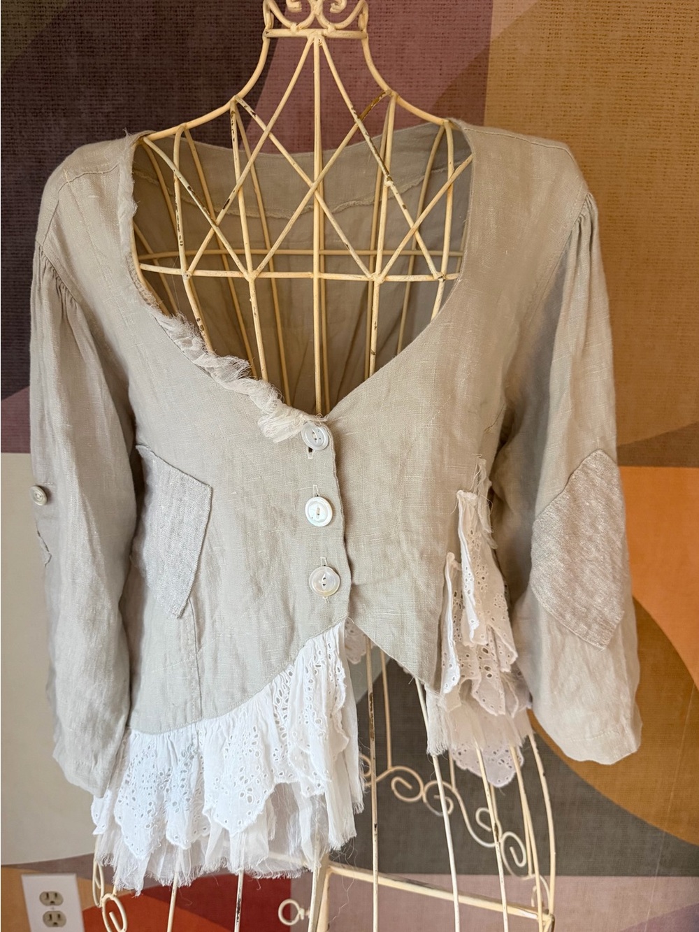 Magnolia Pearl Romantic Ruffle Linen-Blend Button Front Jacket.